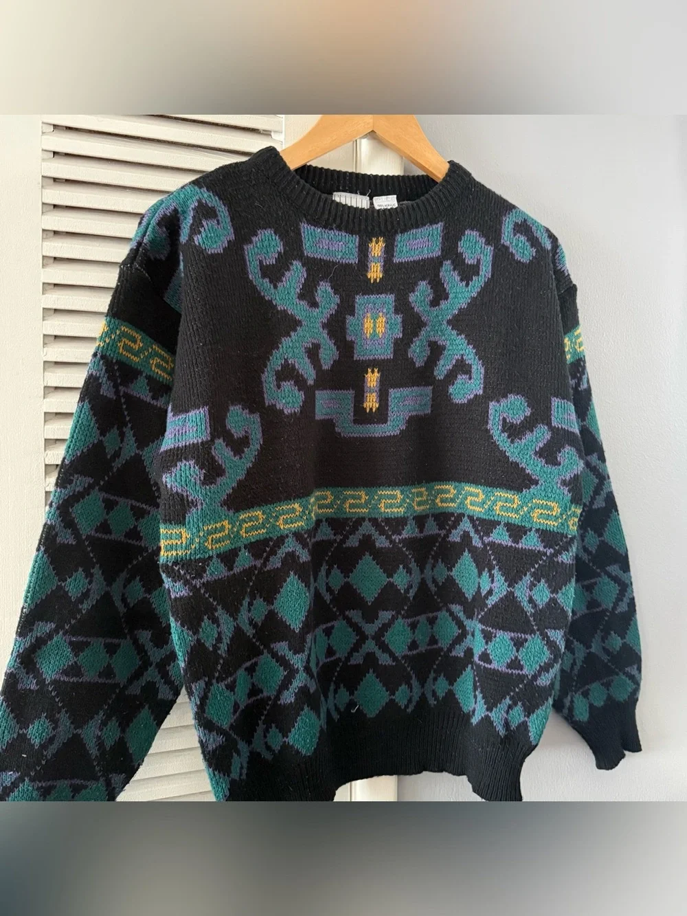 Vintage 80’s 90’s & Company Geometric Aztec Teal Black Knit Sweater Sz Small